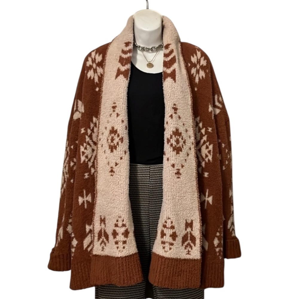 Women’s Cardigan Cream Rust Knit Drop Shoulder Sweater Robe by Knox Rose Sz XL